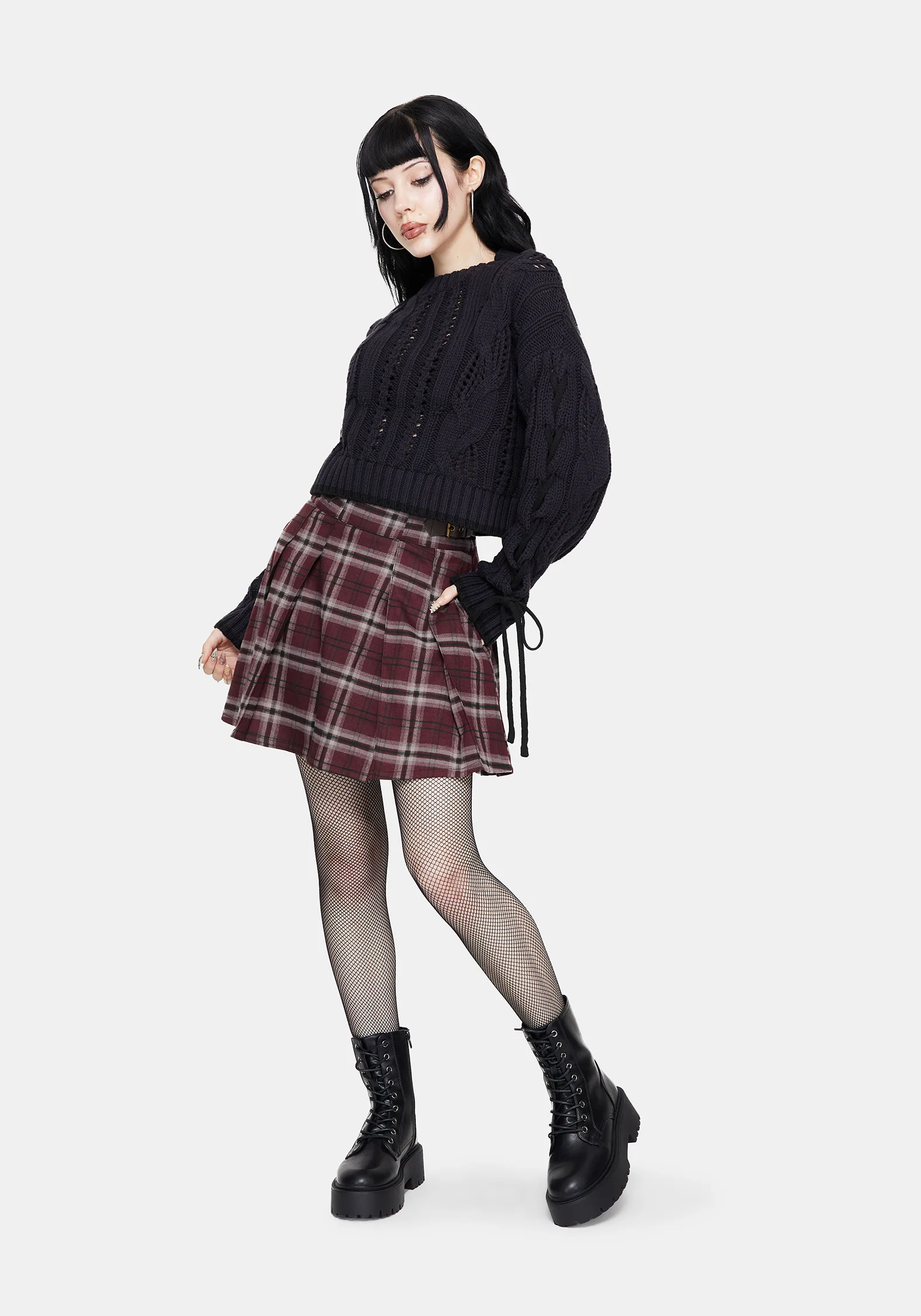 Sycamore Cotton Lace Up Sleeve Cable Knit Crop Sweater - Navy - Image 5
