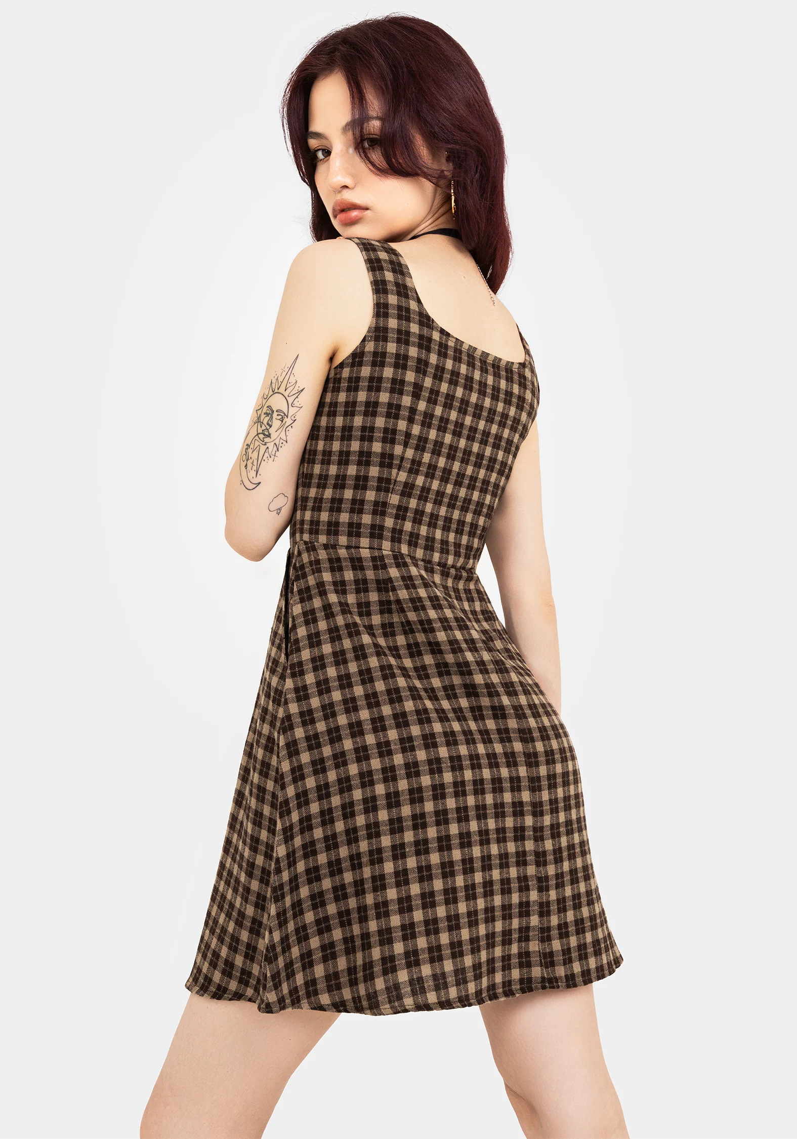 Terra Cotton Check Sleeveless Button Up Mini Dress - Brown - Image 3