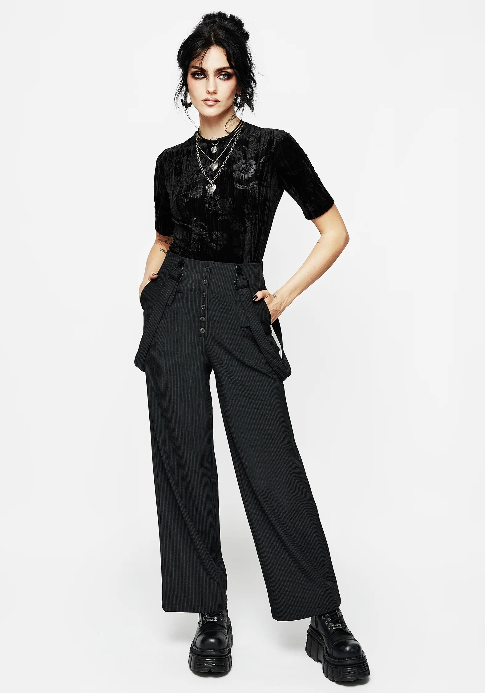 Tilda High Waist Wide Leg Pinstripe Suspender Trousers - Image 4