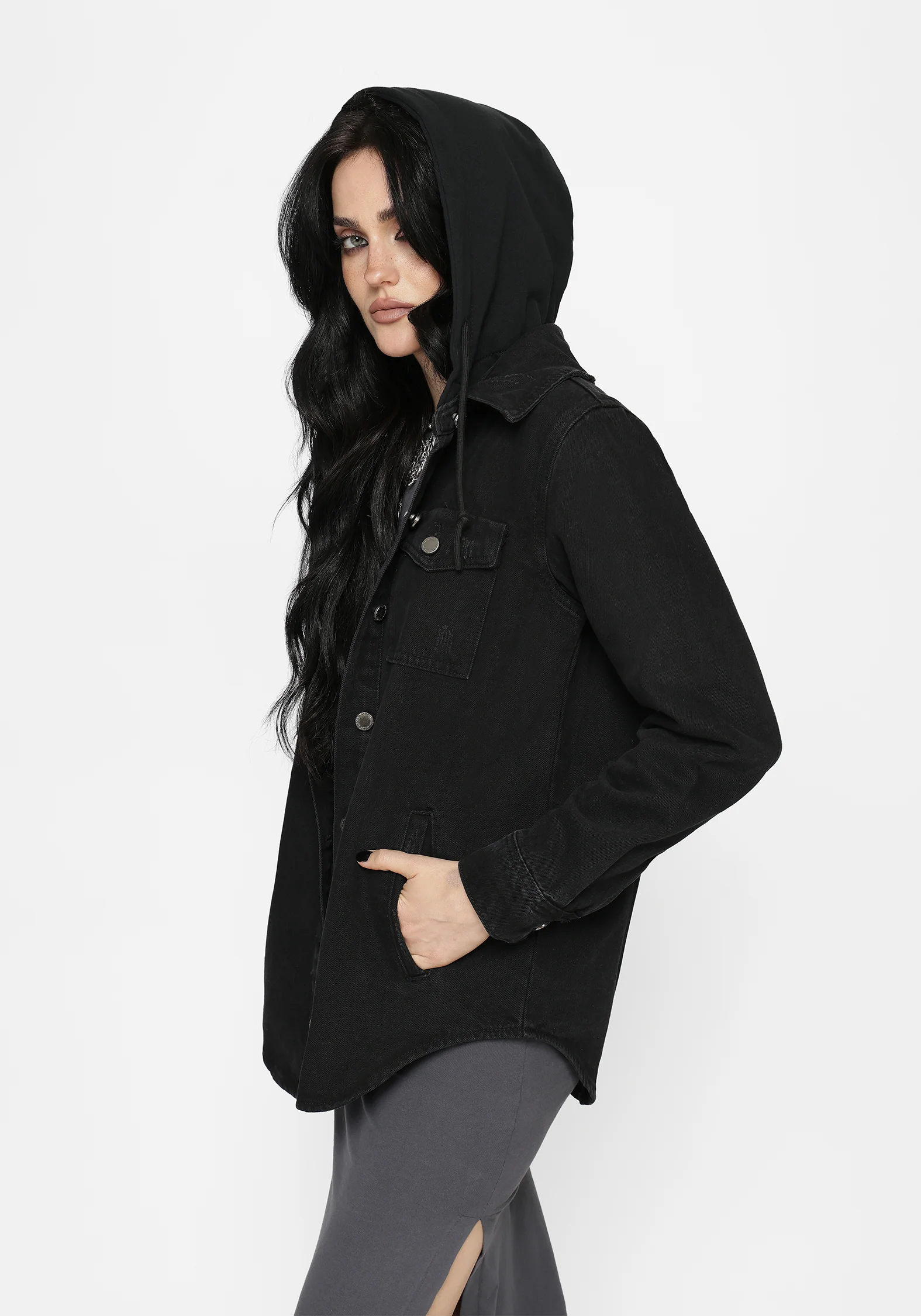 Trellis Hooded Pocket Denim Shacket - Image 4