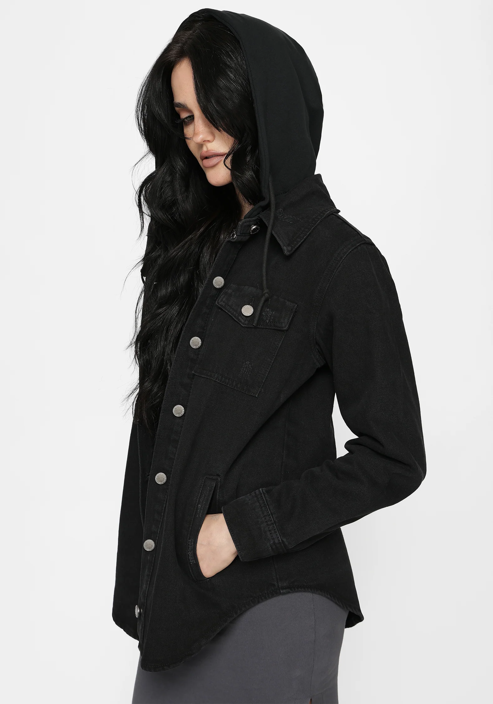 Trellis Hooded Pocket Denim Shacket - Image 8