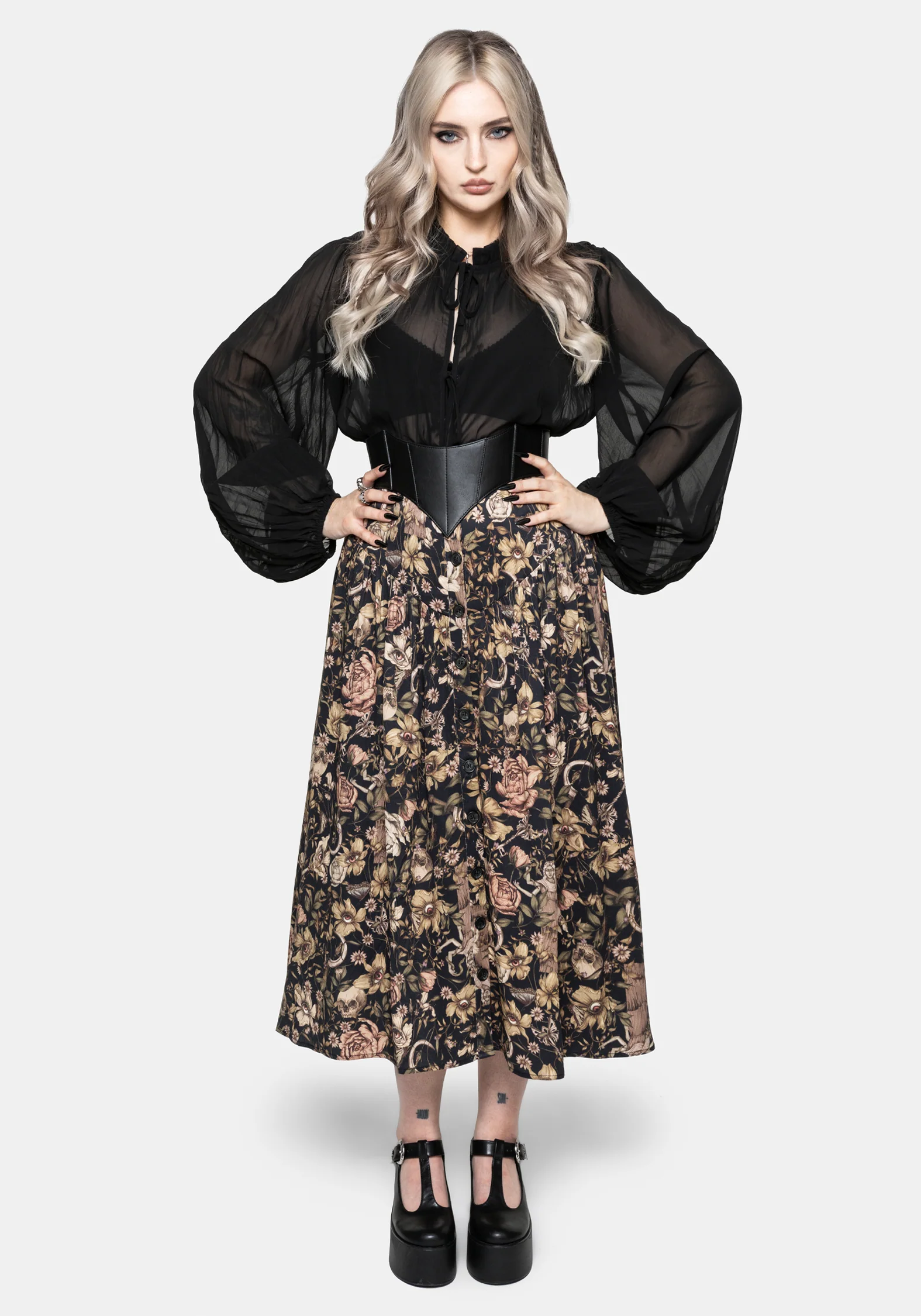 Triple Goddess Print Viscose Button Down Midi Skirt - Image 6