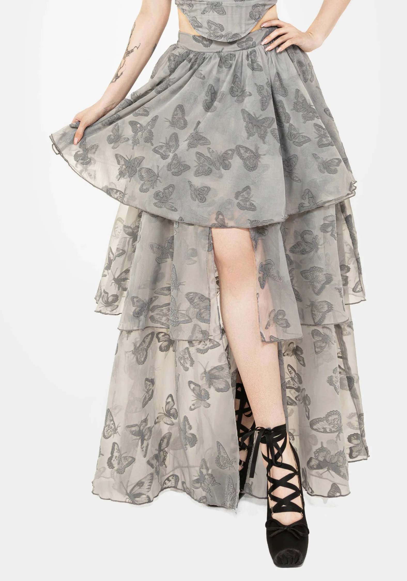 Vanessa Butterfly Print Organza Front Split Tiered Maxi Skirt