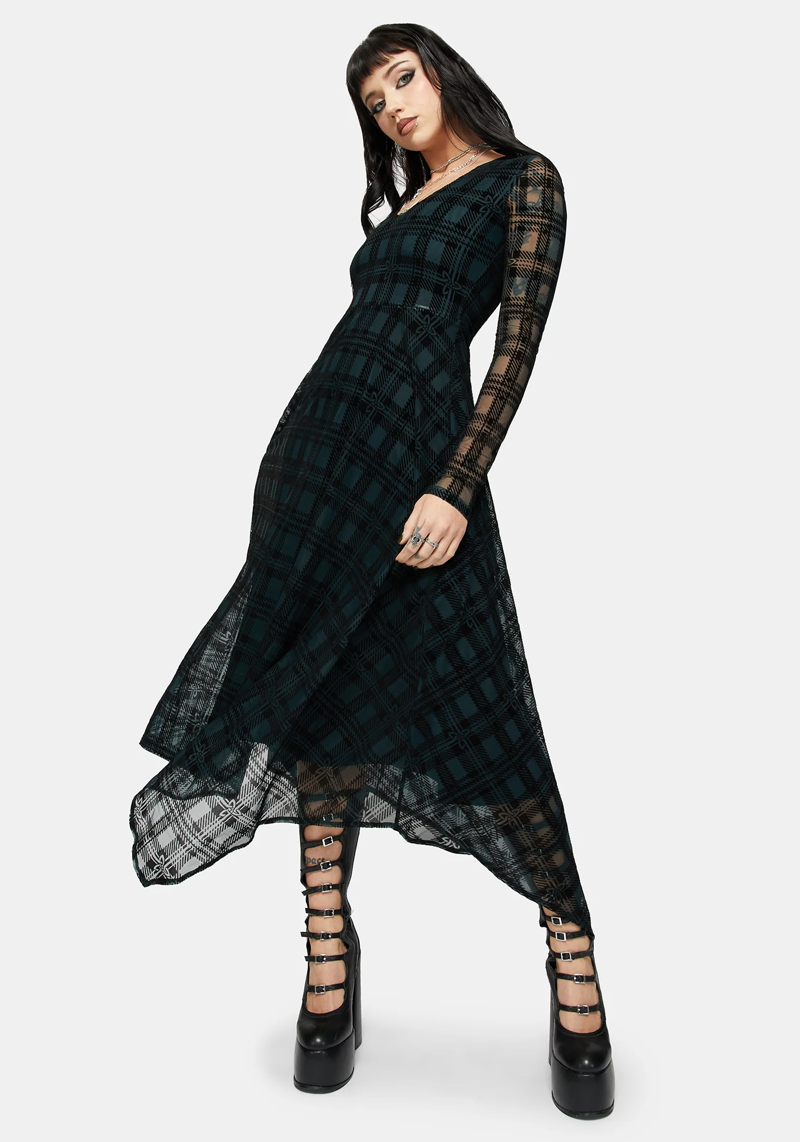 Vesica Flocked Witches Knot Hanky Hem Midi Dress - Image 4