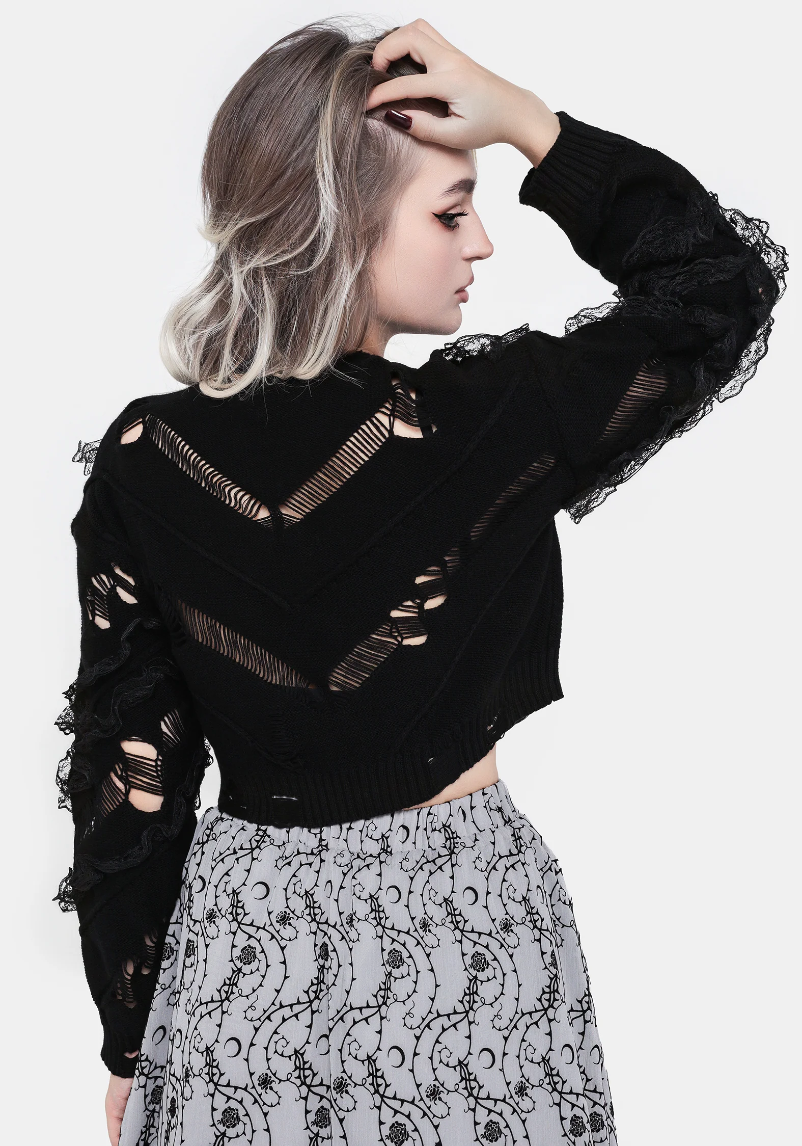 Volla Lace Ruffle Distressed Knit Crop Sweater - Image 3
