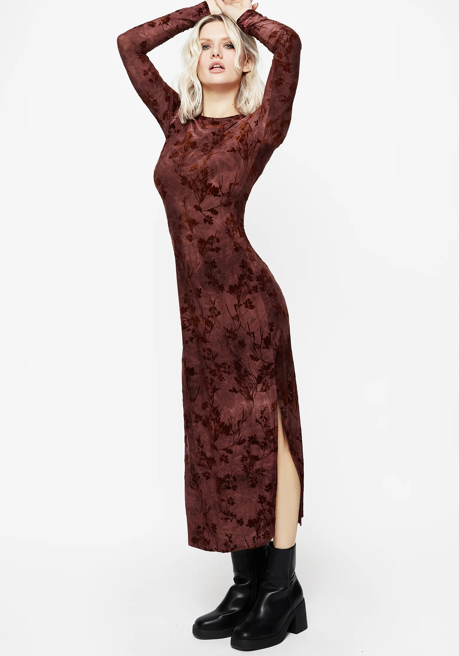 Wytchelm Flocked Velour Midaxi Dress - Red - Image 4